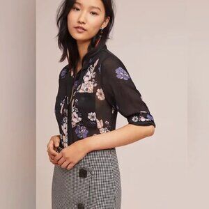 Cloth & Stone Anthropologie Tavira Sheer Floral blouse Black Size XL